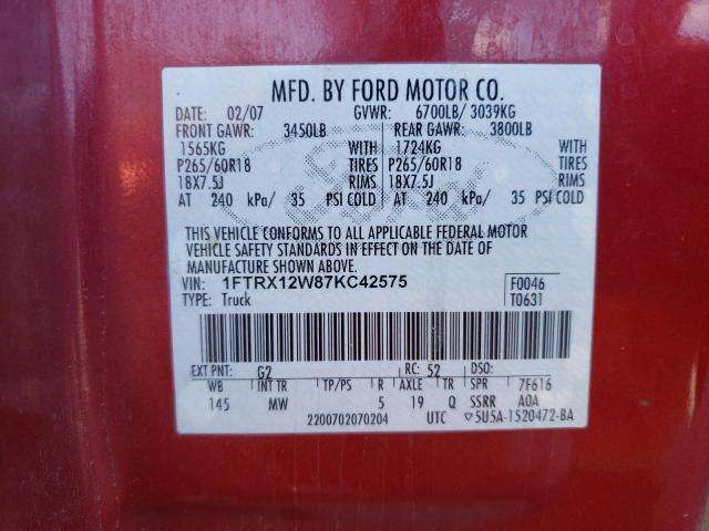 1FTRX12W87KC42575 - 2007 FORD F150 RED photo 12