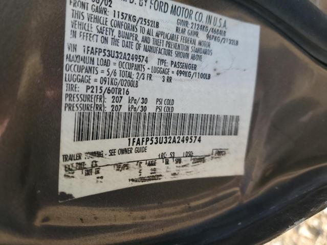 1FAFP53U32A249574 - 2002 FORD TAURUS SE GRAY photo 12