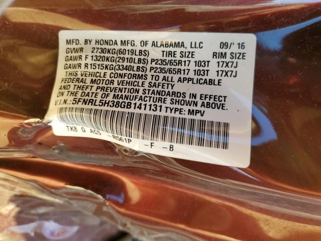 5FNRL5H38GB141131 - 2016 HONDA ODYSSEY SE BURGUNDY photo 13