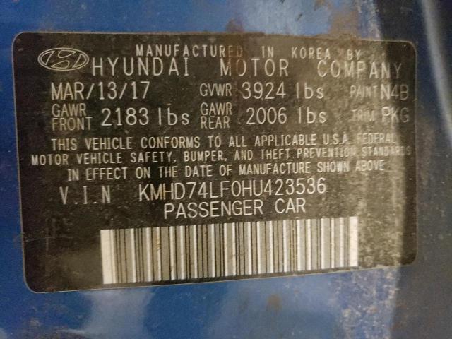 KMHD74LF0HU423536 - 2017 HYUNDAI ELANTRA SE BLUE photo 13