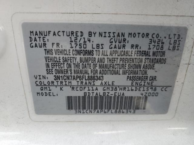 3N1CN7AP6FL886343 - 2015 NISSAN VERSA S WHITE photo 12