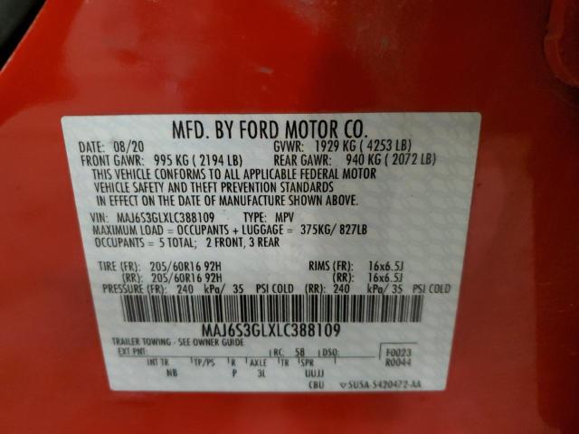 MAJ6S3GLXLC388109 - 2020 FORD ECOSPORT SE RED photo 12