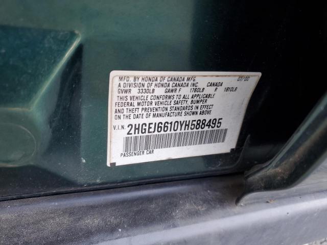 2HGEJ6610YH588495 - 2000 HONDA CIVIC BASE GREEN photo 12