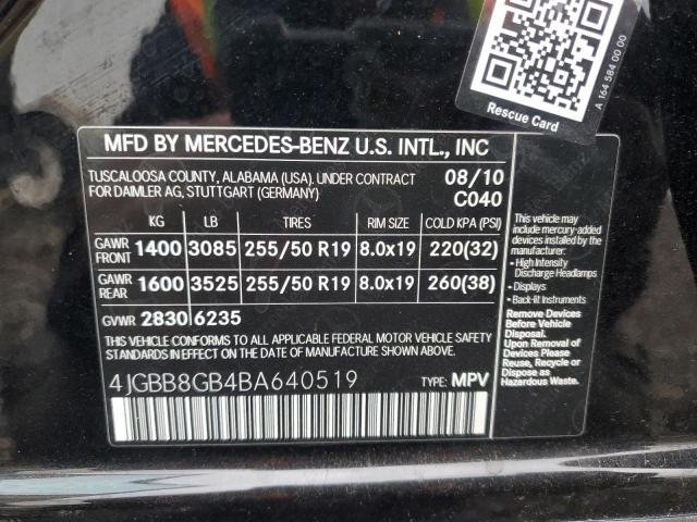 4JGBB8GB4BA640519 - 2011 MERCEDES-BENZ ML 350 4MATIC BLACK photo 13