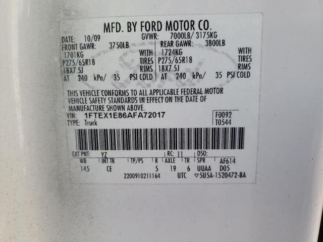 1FTEX1E86AFA72017 - 2010 FORD F150 SUPER CAB WHITE photo 12