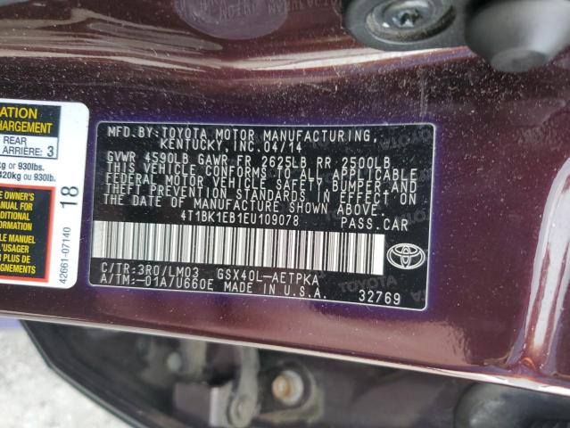 4T1BK1EB1EU109078 - 2014 TOYOTA AVALON BASE 勃艮第红 照片 13