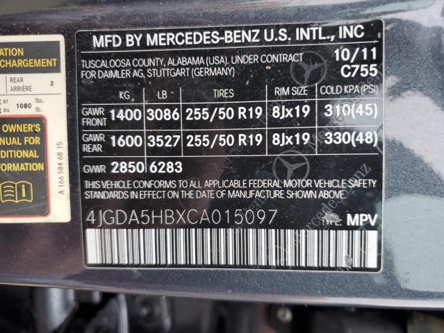 4JGDA5HBXCA015097 - 2012 MERCEDES-BENZ ML 350 4MATIC CHARCOAL photo 13