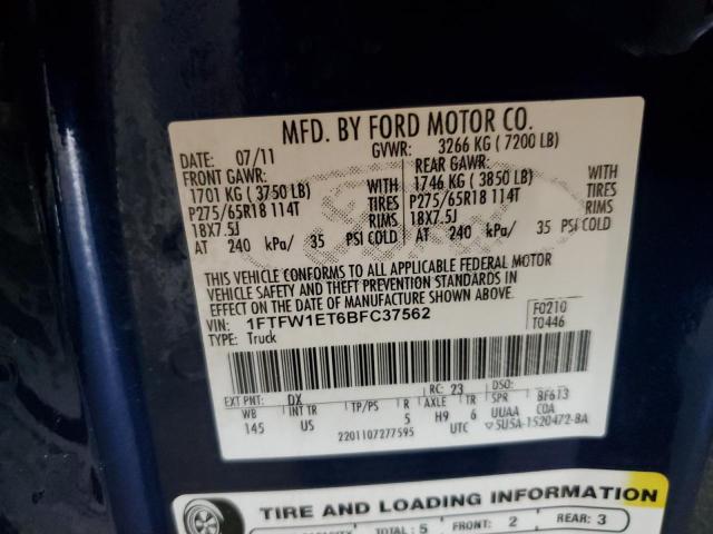 1FTFW1ET6BFC37562 - 2011 FORD F150 SUPERCREW BLUE photo 12