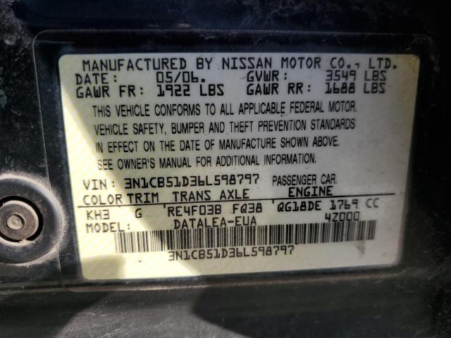 3N1CB51D36L598797 - 2006 NISSAN SENTRA 1.8 BLACK photo 12