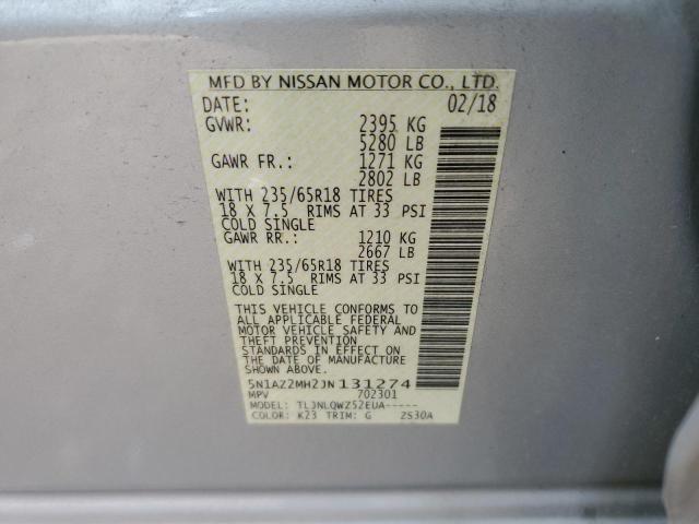 5N1AZ2MH2JN131274 - 2018 NISSAN MURANO S SILVER photo 13