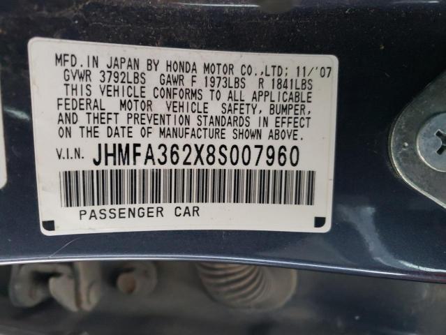 JHMFA362X8S007960 - 2008 HONDA CIVIC HYBRID GRAY photo 12