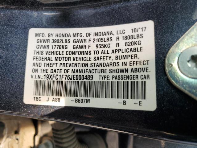 19XFC1F76JE000489 - 2018 HONDA CIVIC EXL ლურჯი ფოტო 12