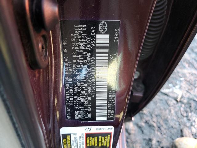 4T1BK3DBXBU431078 - 2011 TOYOTA AVALON BASE 勃艮第红 照片 12