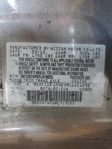 3N1CN7AP5FL919025 - 2015 NISSAN VERSA S GRAY photo 12