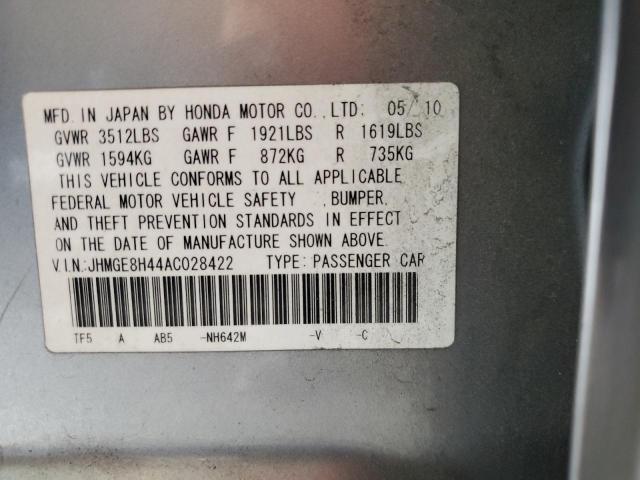 JHMGE8H44AC028422 - 2010 HONDA FIT SPORT GRAY photo 12