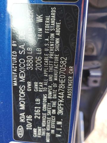 3KPFK4A78HE070582 - 2017 KIA FORTE LX BLUE photo 12