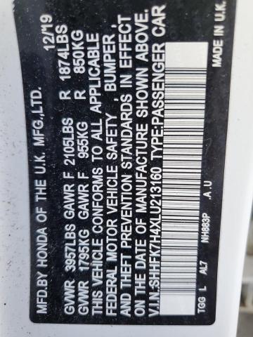 SHHFK7H4XLU213160 - 2020 HONDA CIVIC SPORT 白色 照片 12