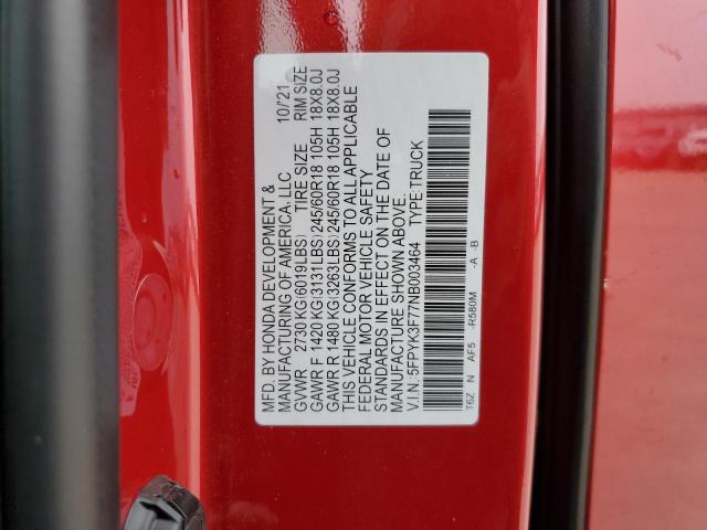 5FPYK3F77NB003464 - 2022 HONDA RIDGELINE RTL RED photo 12