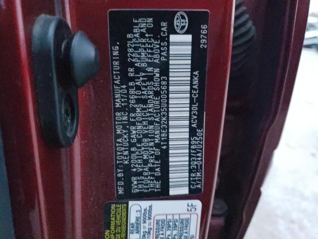 4T1BE32K35U005683 - 2005 TOYOTA CAMRY LE MAROON photo 12