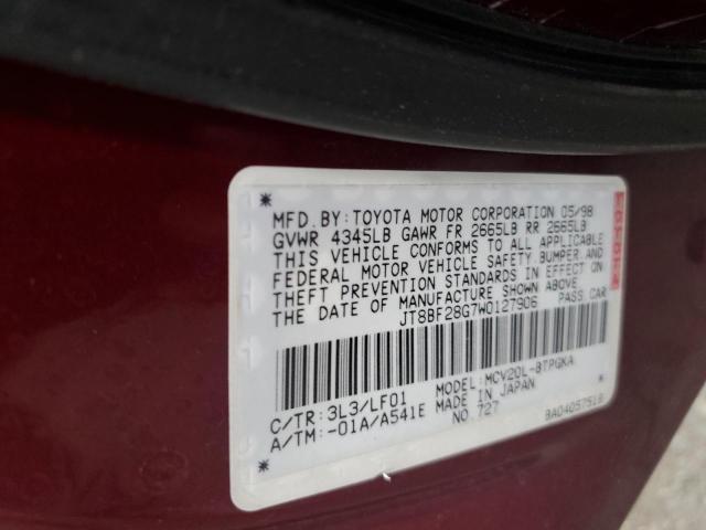 JT8BF28G7W0127906 - 1998 LEXUS ES 300 BURGUNDY photo 12