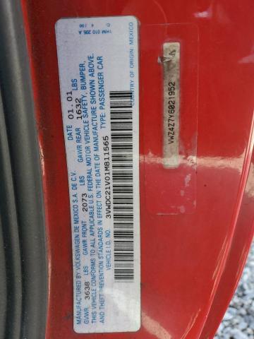 3VWDC21V01M811565 - 2001 VOLKSWAGEN CABRIO GLX წითელი ფოტო 12