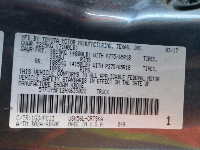 5TFUY5F12HX635022 - 2017 TOYOTA TUNDRA DOUBLE CAB SR/SR5 GRAY photo 12