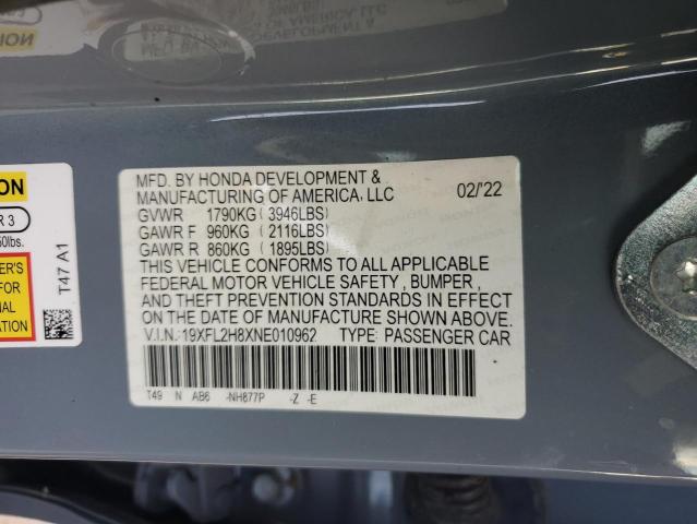 19XFL2H8XNE010962 - 2022 HONDA CIVIC SPORT GRAY photo 13