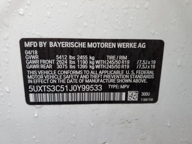 5UXTS3C51J0Y99533 - 2018 BMW X3 XDRIVEM40I WHITE photo 12