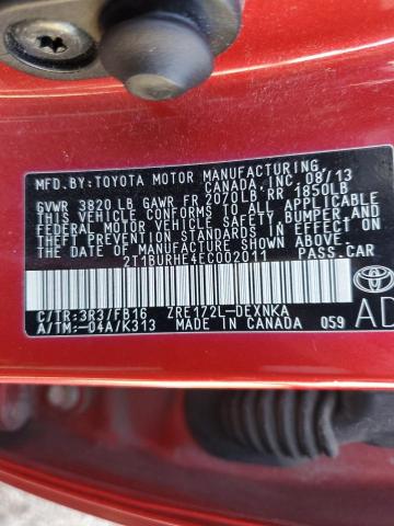 2T1BURHE4EC002011 - 2014 TOYOTA COROLLA L RED photo 12