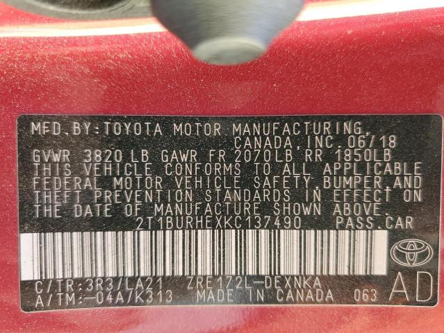 2T1BURHEXKC137490 - 2019 TOYOTA COROLLA L RED photo 13