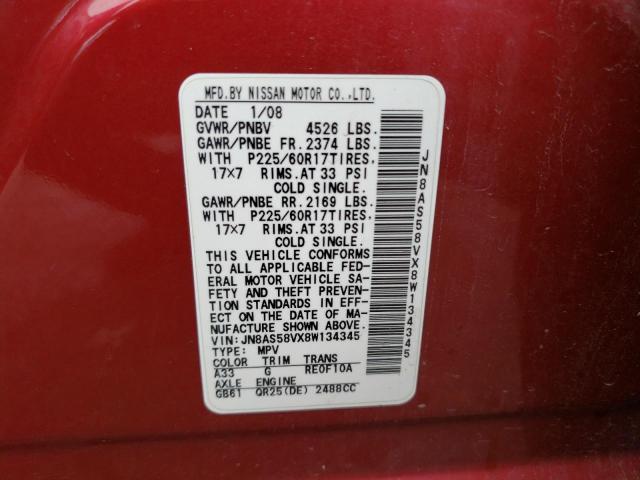 JN8AS58VX8W134345 - 2008 NISSAN ROGUE S RED photo 14