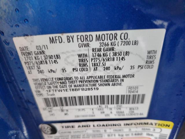 1FTFW1ET8BFB28519 - 2011 FORD F150 SUPERCREW BLUE photo 13