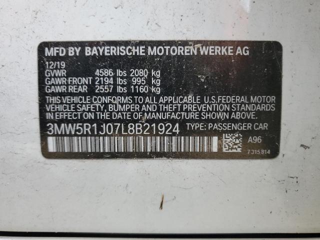 3MW5R1J07L8B21924 - 2020 BMW 330I WHITE photo 13