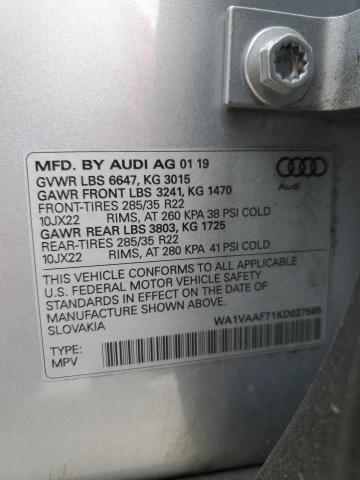 WA1VAAF71KD027565 - 2019 AUDI Q7 PRESTIGE SILVER photo 13