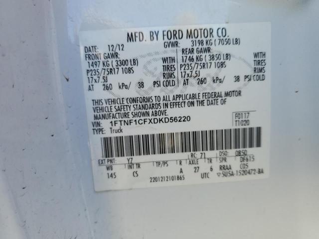 1FTNF1CFXDKD56220 - 2013 FORD F150 WHITE photo 12