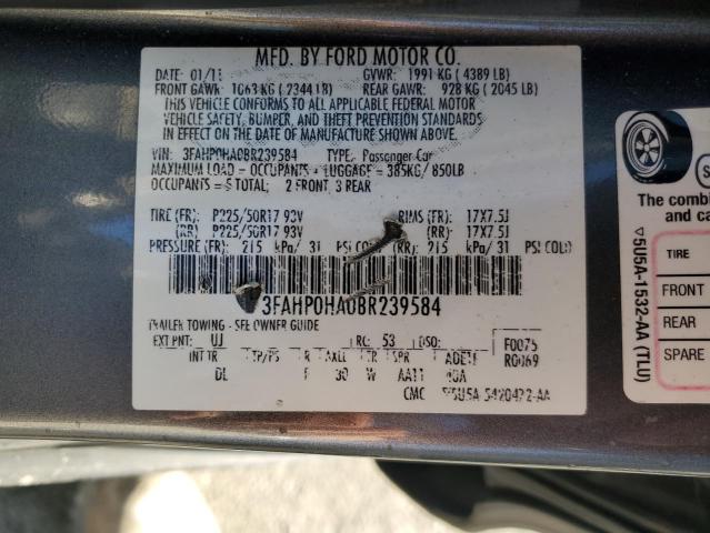 3FAHP0HA0BR239584 - 2011 FORD FUSION SE GRAY photo 12