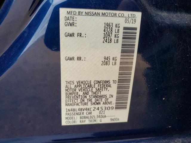 1N4BL4BV4KC245309 - 2019 NISSAN ALTIMA S BLUE photo 12