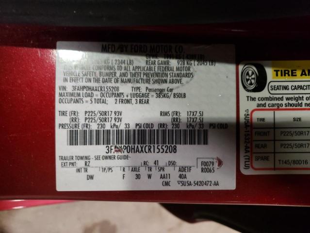 3FAHP0HAXCR155208 - 2012 FORD FUSION SE RED photo 12