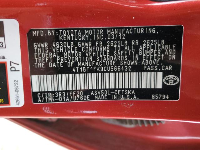 4T1BF1FK9CU566432 - 2012 TOYOTA CAMRY BASE RED photo 13