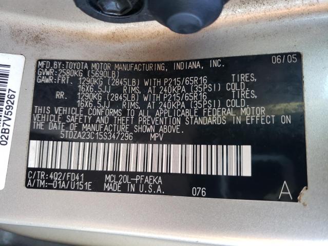 5TDZA23C15S347296 - 2005 TOYOTA SIENNA CE TAN photo 12