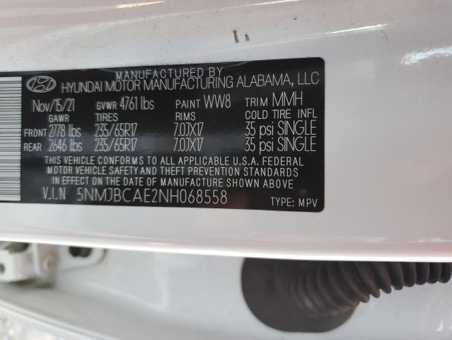 5NMJBCAE2NH068558 - 2022 HYUNDAI TUCSON SEL WHITE photo 12