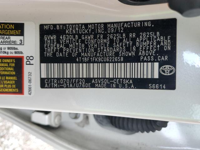 4T1BF1FK9CU622658 - 2012 TOYOTA CAMRY BASE WHITE photo 12