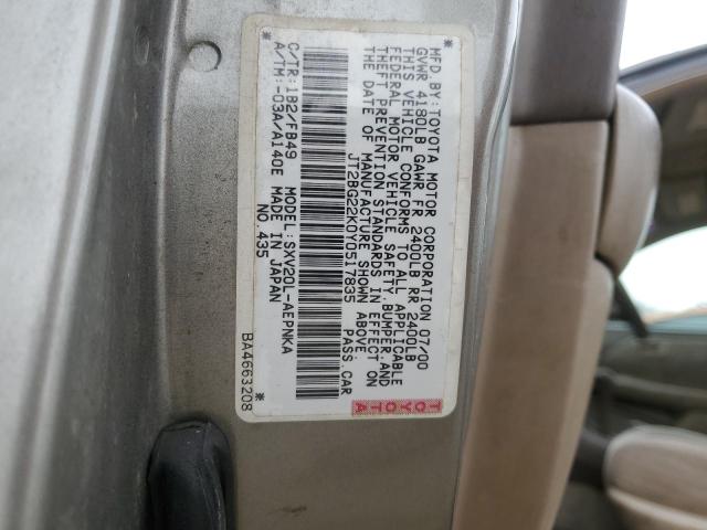 JT2BG22K0Y0517835 - 2000 TOYOTA CAMRY CE BEIGE photo 12