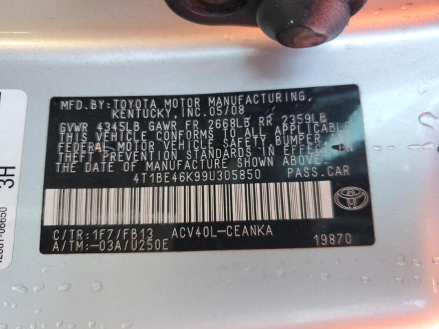 4T1BE46K99U305850 - 2009 TOYOTA CAMRY BASE SILVER photo 12