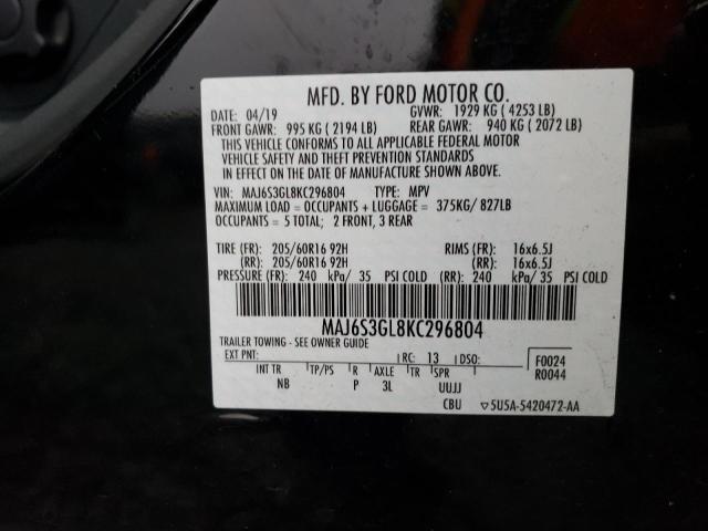 MAJ6S3GL8KC296804 - 2019 FORD ECOSPORT SE BLACK photo 13
