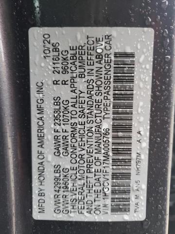 1HGCV1F17MA005766 - 2021 HONDA ACCORD LX GRAY photo 12