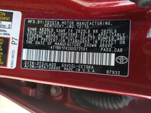 4T1BK1FK2GU572591 - 2016 TOYOTA CAMRY XSE BURGUNDY photo 12