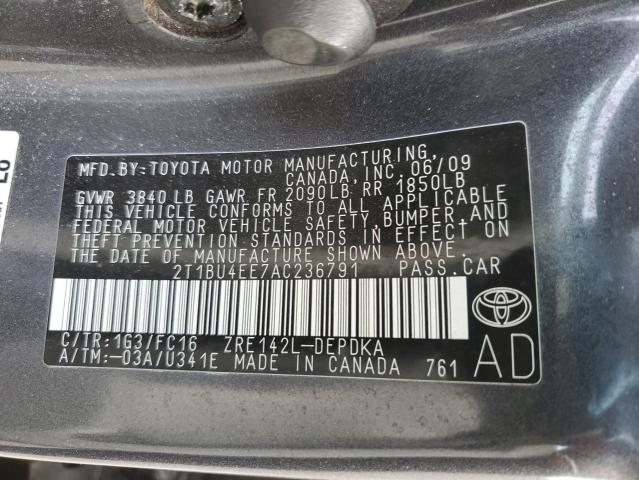 2T1BU4EE7AC236791 - 2010 TOYOTA COROLLA BASE GRAY photo 12