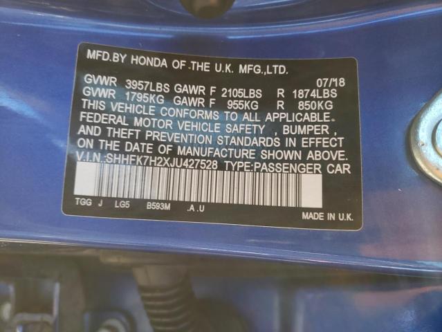 SHHFK7H2XJU427528 - 2018 HONDA CIVIC LX BLUE photo 12