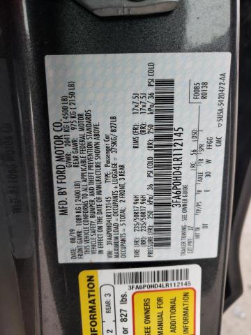 3FA6P0HD4LR112145 - 2020 FORD FUSION SE GRAY photo 12